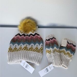 NWT LOFT Knit Hat & Mitten Set with Yellow Pom